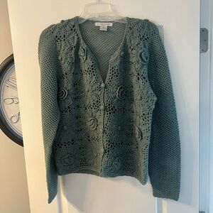 Armand Venturi 100% wool v neck open crochet teal sweater